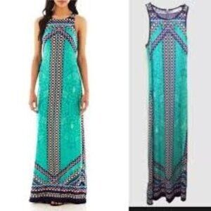 Bisou Bisou Women's Green Blue Geometric Sleeveless Maxi Dress Sz 16 Bohocore